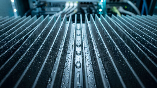 Close-up of metal heat sink fins with condensation droplets