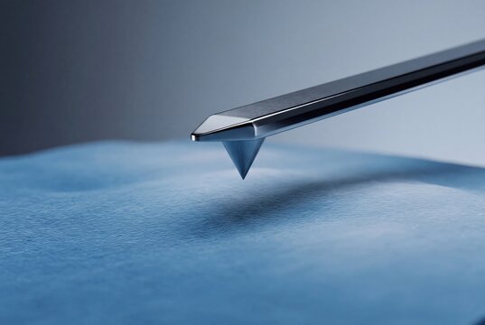 Close-up of an Atomic Force Microscope tip hovering over a textured blue surface, scientific research concept.