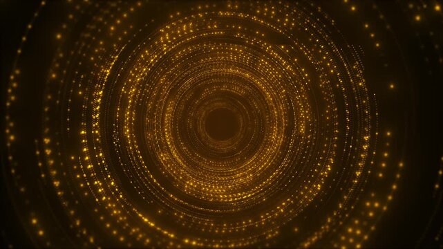 Golden circular tunnel light background concentric rings, sparkling particles, deep perspective futuristic