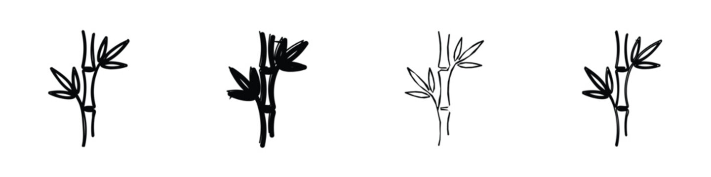 A collection of four stylized bamboo illustrations, featuring both delicate line drawings and bold brush strokes, showcasing the plant's iconic segmented stem and leaves