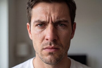 Naklejka premium Close-up portrait of a man with tears streaming down his face, expressing deep sadness and despair.