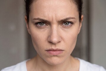 Fototapeta premium Close-up portrait of a woman with an angry expression, furrowed brow, and intense gaze, conveying frustration.