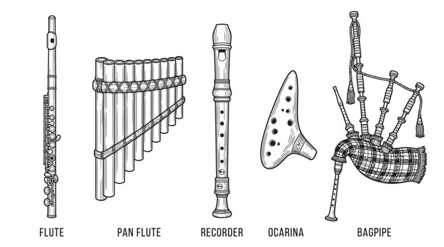 Set of hand drawn musical wind instruments including flute pan flute recorder ocarina and bagpipes.