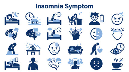Obraz premium Set of insomnia symptoms and sleep disorder icons representing mental health issues and tiredness