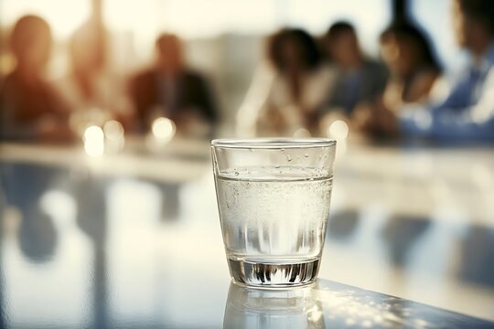 Close-up of a refreshing glass of water on a table during a business meeting, emphasizing hydration and focus in a professional setting.