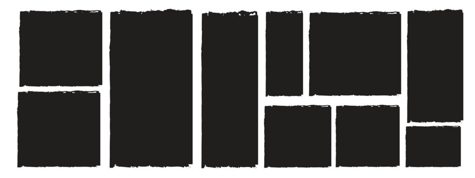 Rectangle Brush stroke, ink paint brush, grunge box. Black square shapes with brush borders on white background.