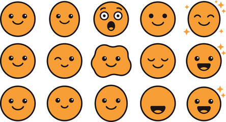 Fototapeta premium Set of cute orange circular emoticons with various facial expressions and emotions for digital communication and design projects