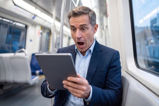 Shocked businessman reacts with astonishment while looking at his tablet on a public transport train.