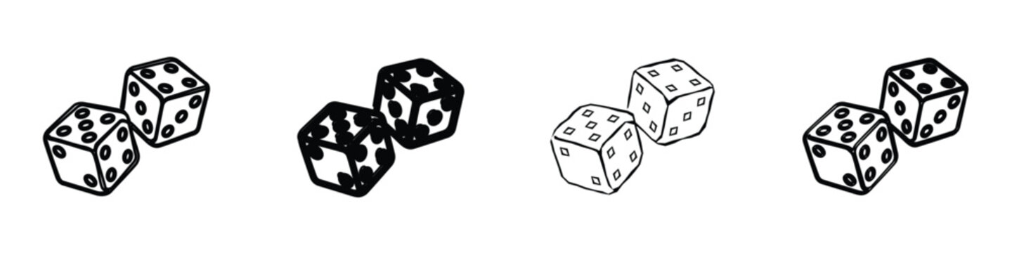 A pair of six-sided dice, one with pips and the other with hollow squares, are depicted in a simple line art style, suggesting games of chance