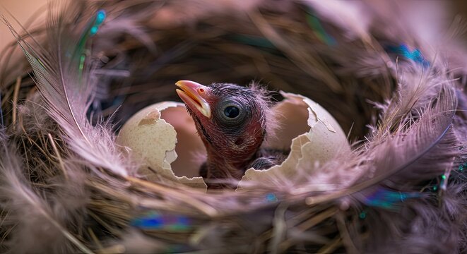 Newborn bird in nest with eggshell.