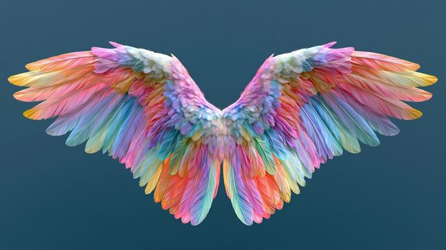 Large pair of vibrant multi colored rainbow feathers angel wings on dark blue background.