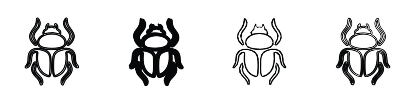 Four distinct graphic representations of the scarab beetle, varying in line thickness and fill, presented on a white background