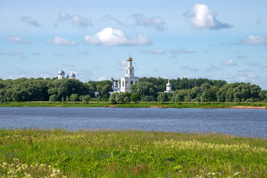 View on St. George Monastery and Lake Ilmen, surroundings of Veliky Novgorod, Russia