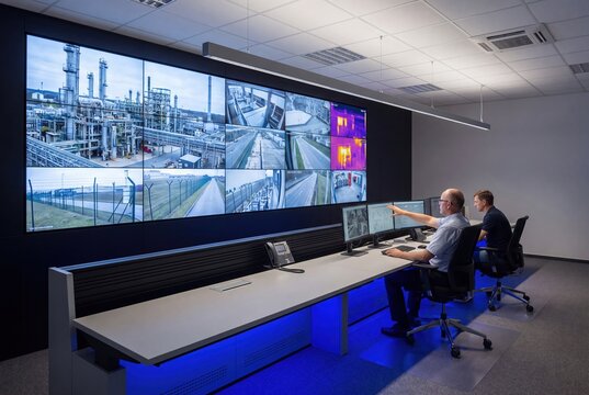 Industrial control room with large video wall displaying security cameras and thermal imaging, two men monitoring.