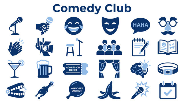 Comedy club and stand up performance icon set featuring microphone stage theater masks laughter symbols and entertainment equipment for funny show events