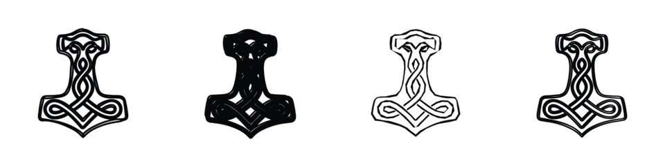 A stylized representation of Thor's Hammer, Mjolnir, featuring a complex Celtic knot design, presented in a stark black and white graphic style © 7Author