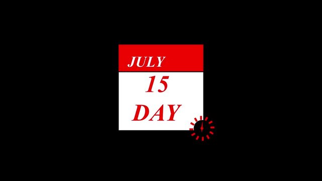 Animated calendar page icon for 15 day JULI date on black background with clock badge for event scheduling deadline reminder UI UX design