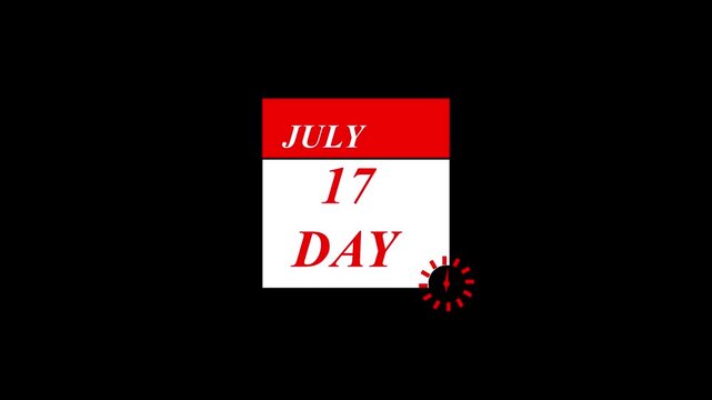 Animated calendar page icon for 17 day JULI date on black background with clock badge for event scheduling deadline reminder UI UX design