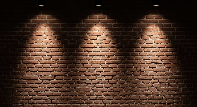 Dark Red Brick Wall Background with Three Spotlights Creating Dramatic Lighting Effects for Interior Design and Advertising