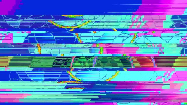 Screen glitch corrupting animated image on split panels with horizontal tearing, glitching, close-up, colorful