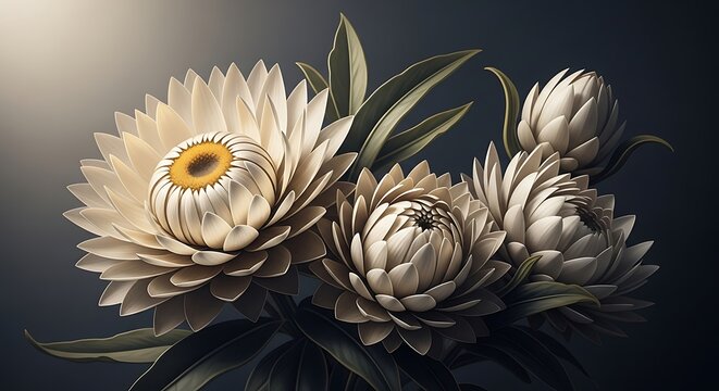 Beautiful stunning flowers with intricate petals in soft tones and green leaves arrangement