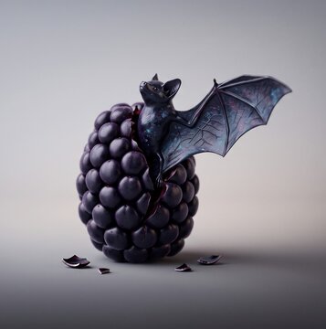 Small dark bat emerging from a large cracked berry against a smooth neutral background with patterned wings breaking soft gray background bat cosmic