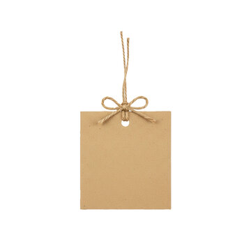 Blank brown cardboard paper gift tag with rustic jute string bow
