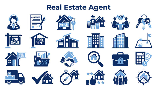 Set of Real Estate Agent Icons Representing Property Business Solutions and Housing Services