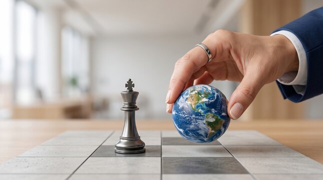 Business professional placing globe on chessboard beside king piece representing strategic global leadership with hand placing miniature globe onto checkered