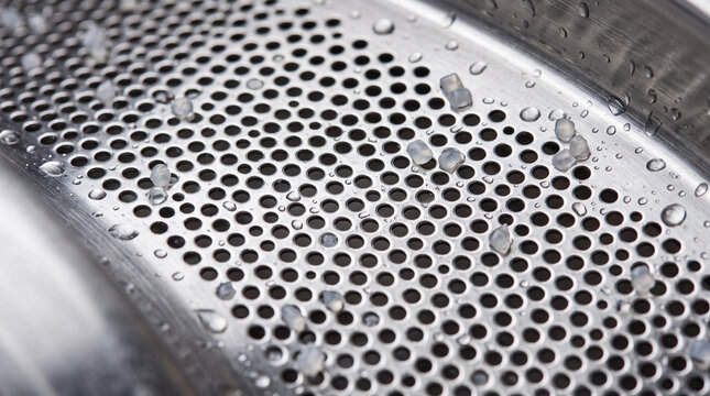 Extreme close-up of perforated metal screen inside industrial dewatering centrifuge, stainless steel texture, recycling machinery and filtration technology concept
