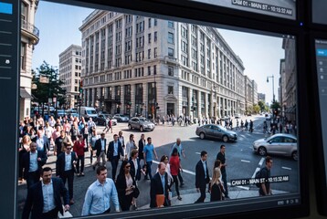 Obraz premium Busy city street scene with pedestrians and cars, captured by security surveillance camera.