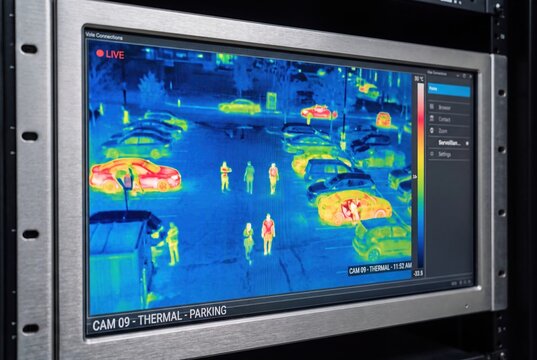 Thermal imaging camera screen displaying a parking lot with cars and people detected by heat signatures.