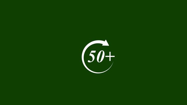 Animated 50 plus icon with rotating circular arrow on dark green background for speed limit count achievement repetition and UI UX design