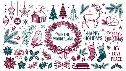 Festive christmas illustration with ornaments stockings mittens gift boxes reindeer fox owl cabin and wreath designs on white background © Abrar Hussain Studio