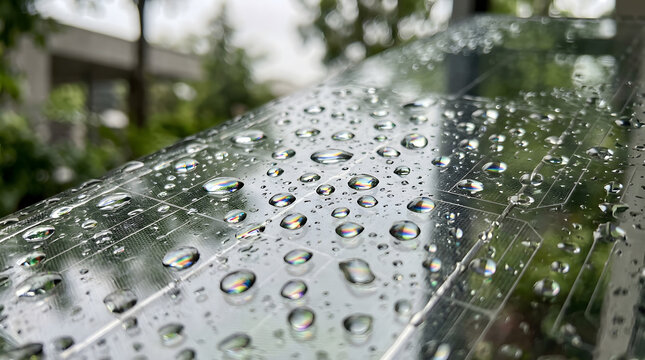 Rain droplets on solar panel surface with rainbow reflections