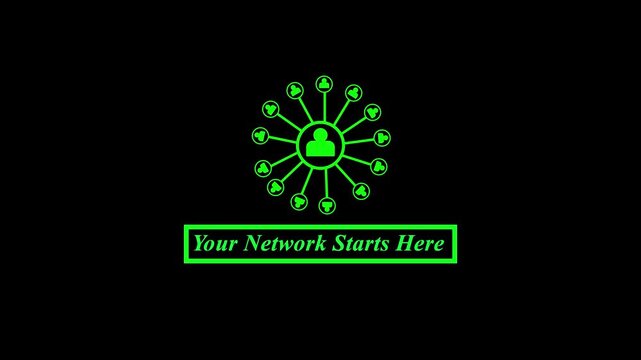 Your Network Starts Here Animated green neon user network hub with Connect Share Grow text bar on black background for social networking business connection and UI UX