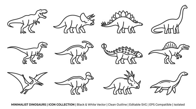 Set of minimalist dinosaur icons featuring various prehistoric species in black and white line art style.