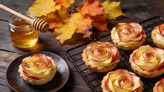 Autumn Apple Rose Tarts with Honey on Rustic Wooden Table.