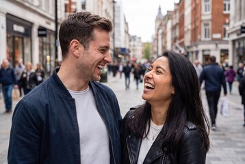 Fototapeta premium A happy couple laughing together on a busy city street, enjoying a moment of joy and connection.