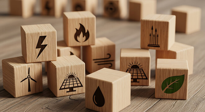 Wooden blocks with caution and warning icons