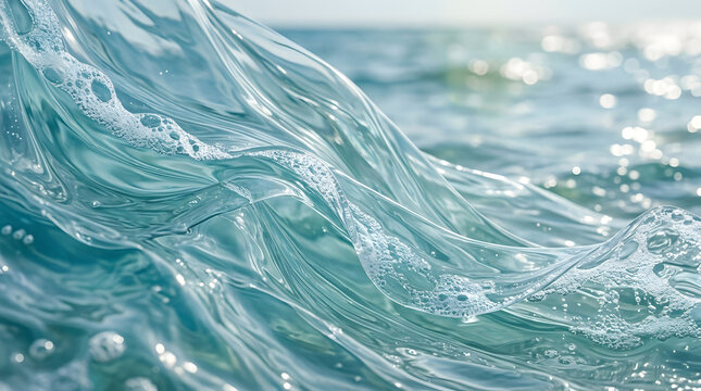 Close-up of crystal clear ocean wave with foam and bubbles