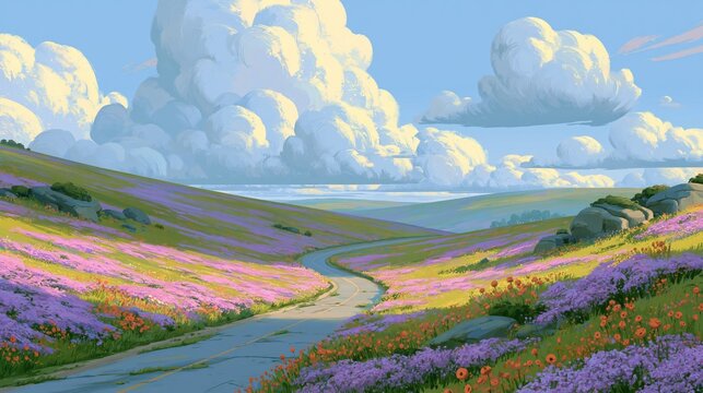 Winding countryside road through colorful wildflower fields under majestic cloudy blue sky.