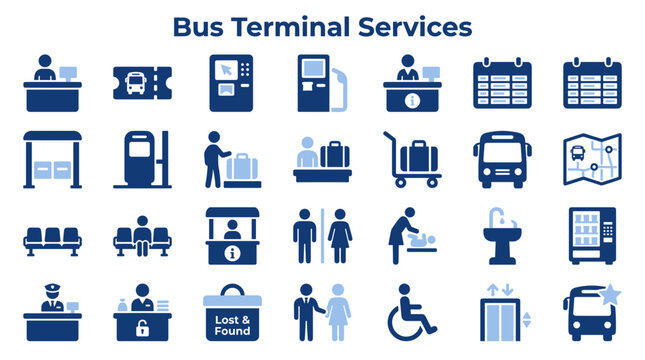 Set of blue bus terminal services icons representing passenger amenities and station facilities for efficient public transportation navigation and information