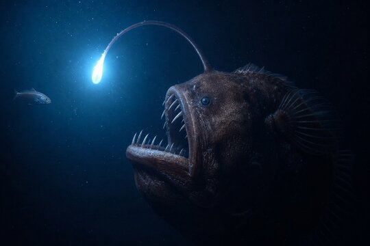Deep sea anglerfish using its bioluminescent lure in the dark ocean depths.
