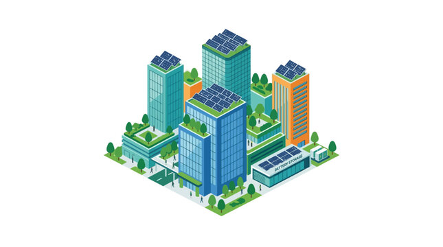 Eco-friendly cityscape with solar panels on buildings and green rooftops