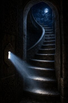 Moonbeam through keyhole illuminating dusty spiral staircase into starry sky.