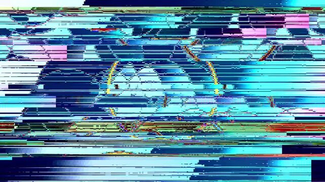 Abstract digital glitch distortion on screen with horizontal scanline motion, horizontal shift, static shot, colorful