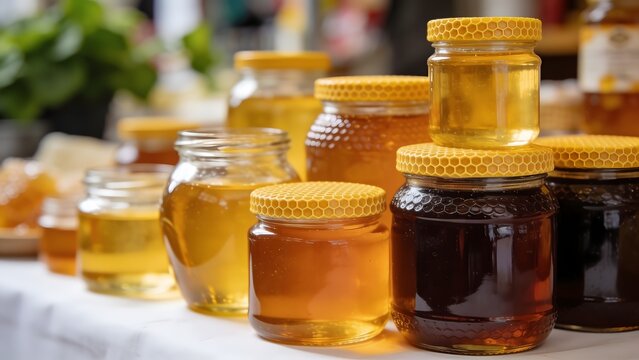 Assortment of Honey Jars Lined Up on a Table.