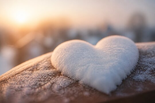 Snow heart shape on a winter surface, soft focus with warm tones and natural light.