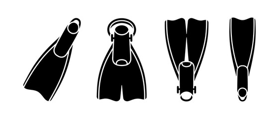 Black Silhouette Icons of Swim Fins for Water Sports on White Background © YENI